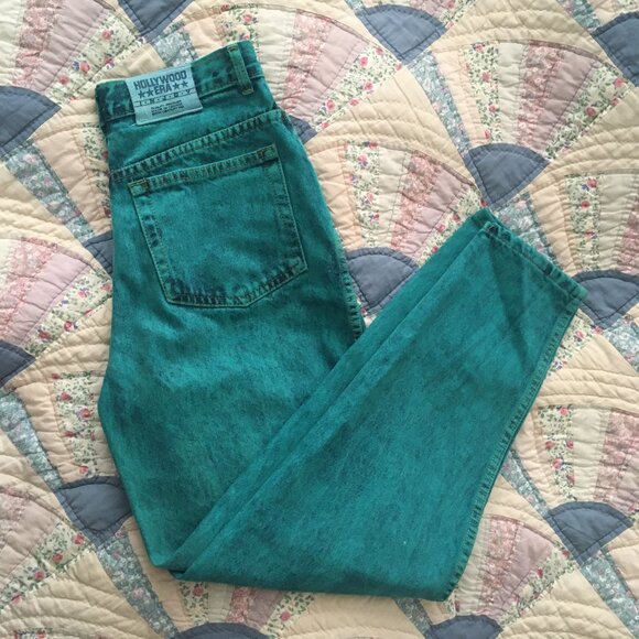 Vintage Hollywood Era green acid wash high waisted tapered jeans (size XS-S) - Picture 2 of 14